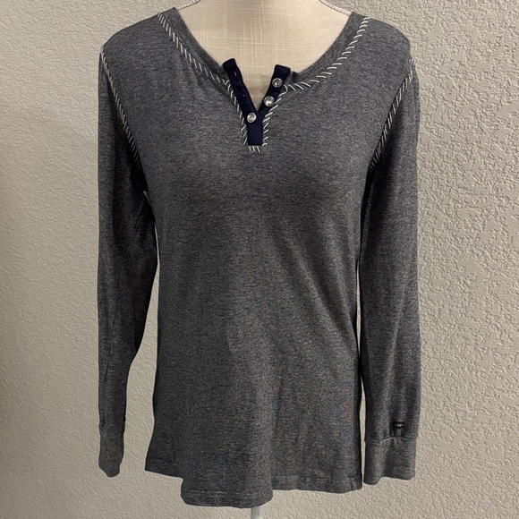 Cowgirl Up Tops - Cowgirl Up Gray Long Sleeve 3 Button Women's Top with Rhinestone Accents Large